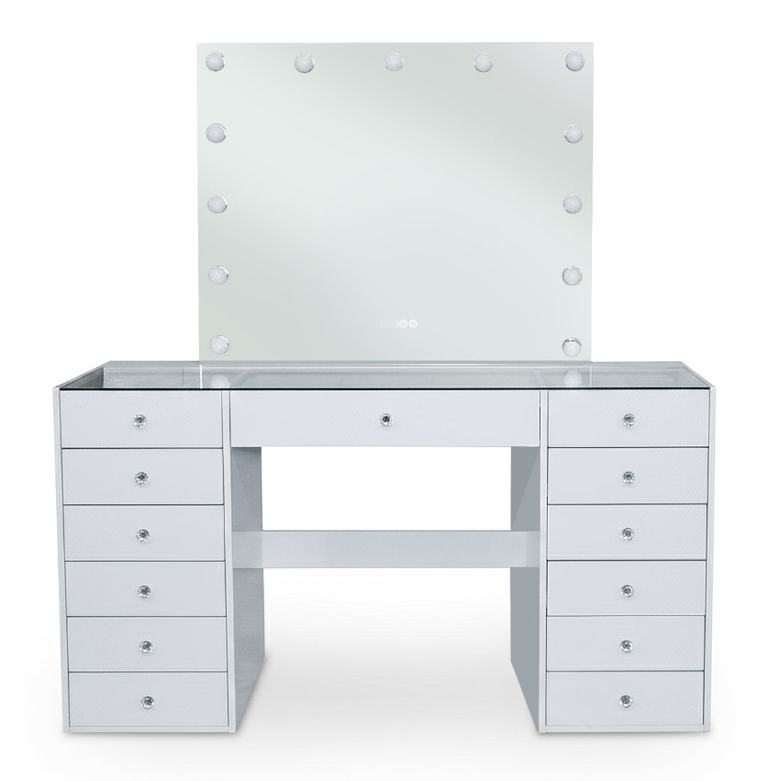 White vanity table with illuminated mirror on white background