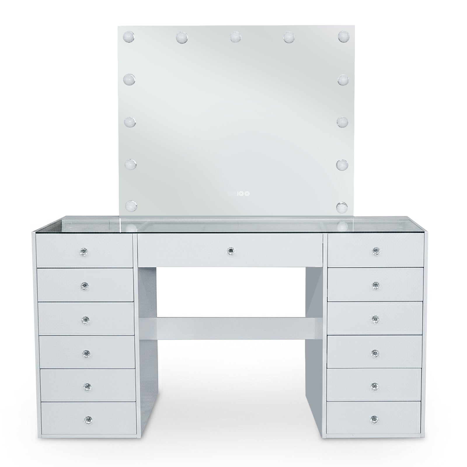White vanity table with illuminated mirror on white background