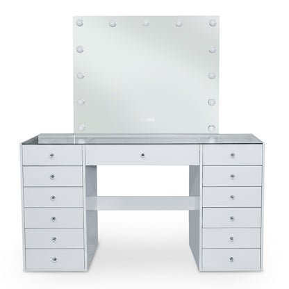 White vanity table with illuminated mirror on white background