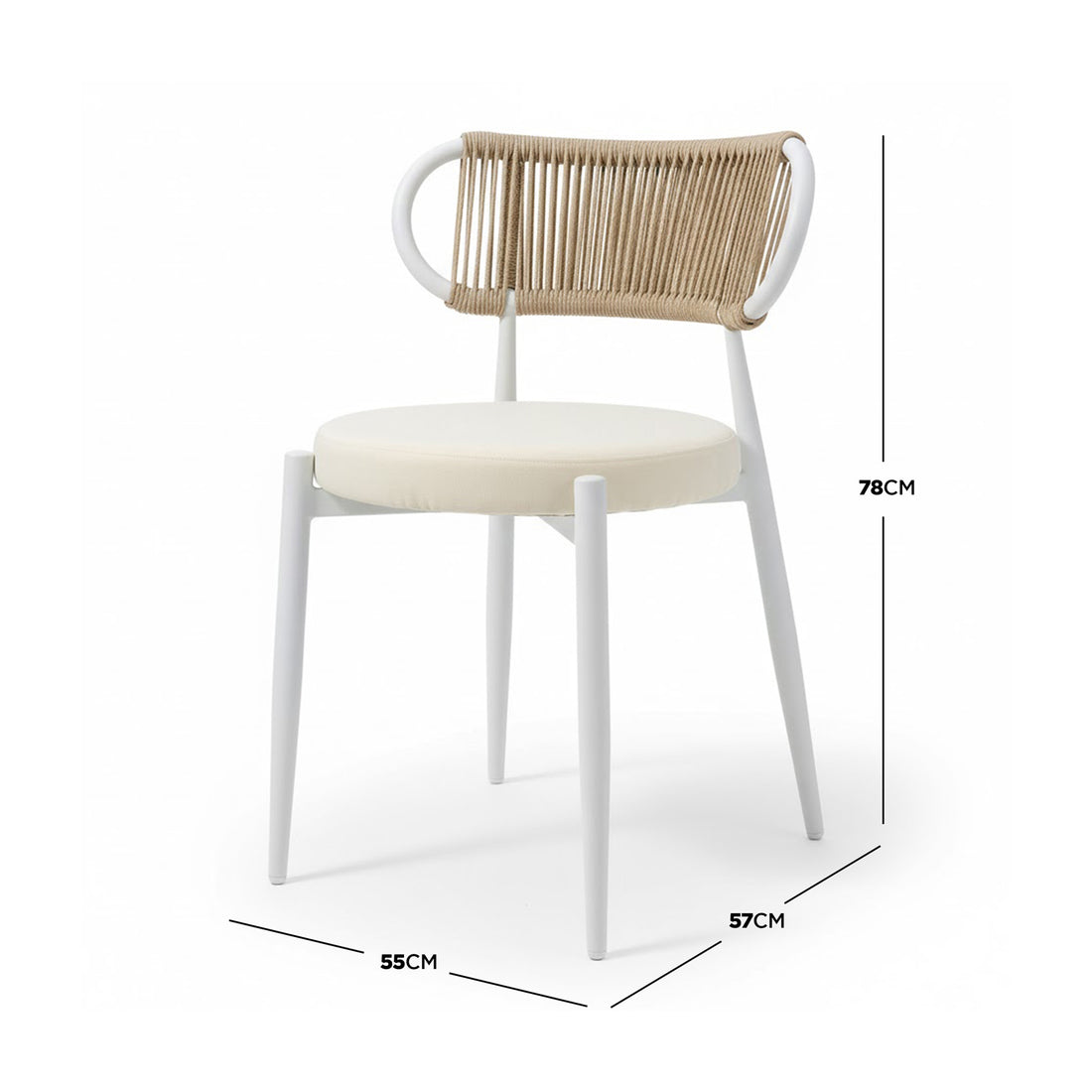 Cabria 9 Piece Sintered Stone Outdoor Dining Set in Beige features a modern chair with a white metal frame, cream seat cushion, and tan woven rope backrest, ideal for dining or patio use.