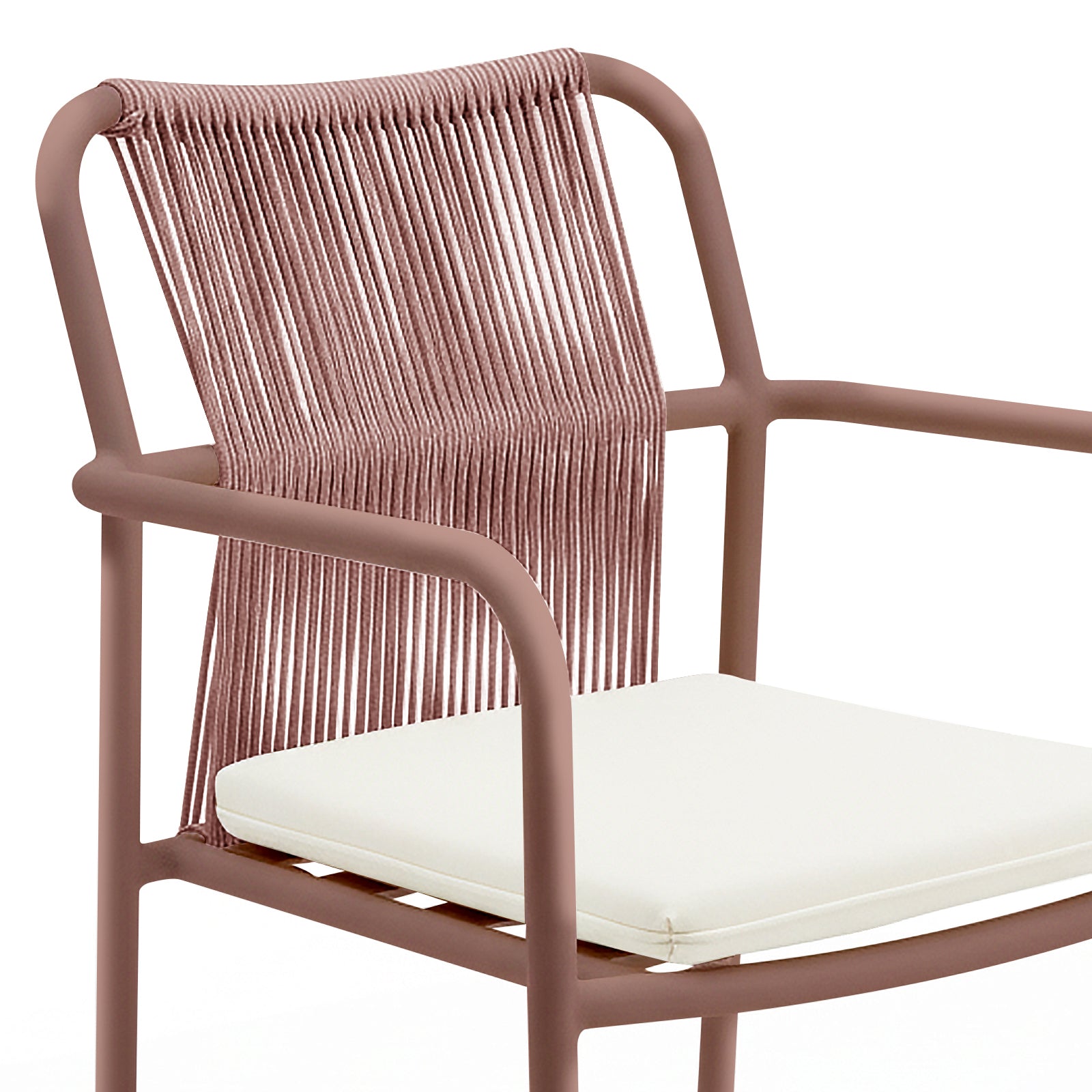 Evone Aluminium Rope Outdoor Dining Chair features a tubular metal frame, tightly strung rope backrest, and a simple white padded seat cushion, blending modern design with coastal charm for outdoor dining.