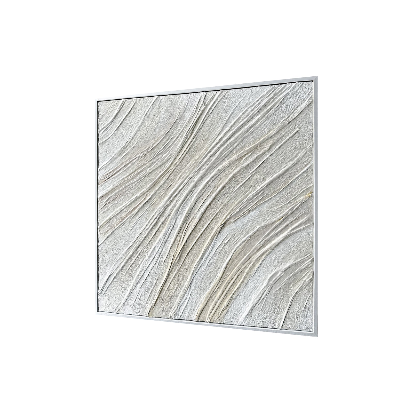 Anya Canvas Wall Art 105 x 105cm in White features textured, sculpted plaster with wave-like ridges on a neutral palette, framed in minimalist white for a modern gallery feel.