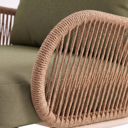 Close-up of chair armrest and cushion detail with woven rope texture