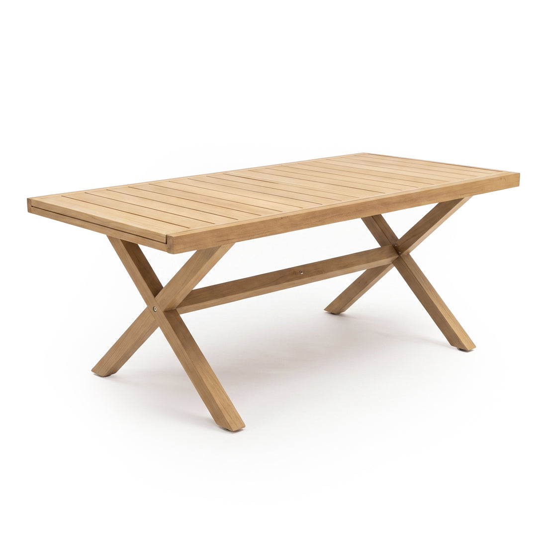 Modern rectangular wooden table with slatted surface on white background