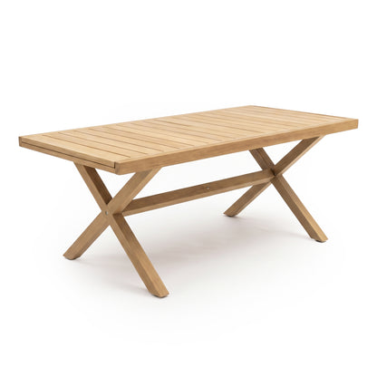 Modern rectangular wooden table with slatted surface on white background