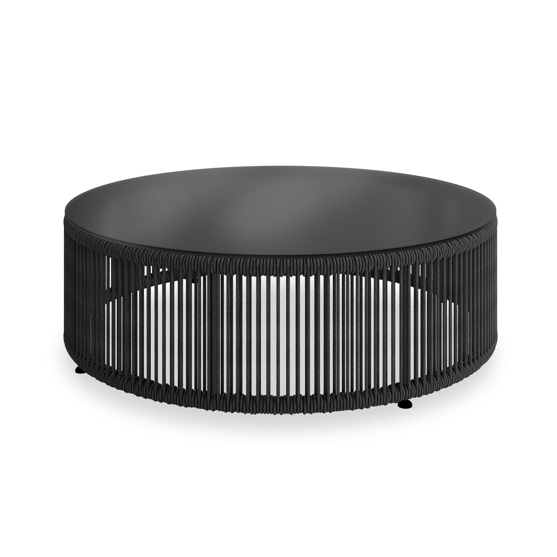 Solari 4 Seater Wicker Outdoor Sofa Set in Black features a sleek round coffee table with a matte black finish, shallow-dish top, and cylindrical base wrapped in vertical cords for a modern look.