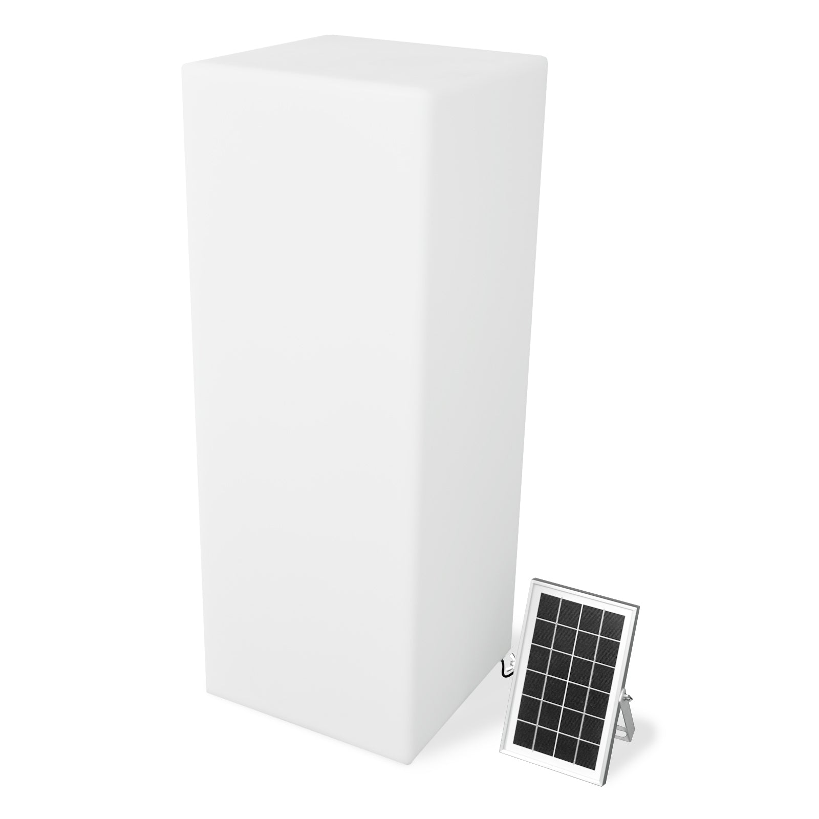 80cm Outdoor Solar LED Column Light with a white rectangular tower and attached solar panel on a metal stand, designed for outdoor cordless lighting, featuring a cable connection near the base.