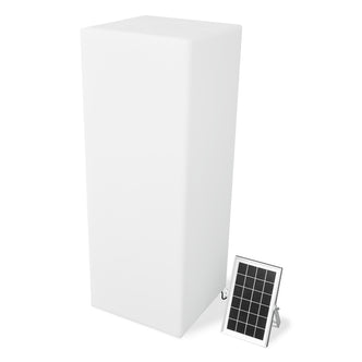 80cm Outdoor Solar LED Column Light with a white rectangular tower and attached solar panel on a metal stand, designed for outdoor cordless lighting, featuring a cable connection near the base.