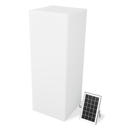 80cm Outdoor Solar LED Column Light with a white rectangular tower and attached solar panel on a metal stand, designed for outdoor cordless lighting, featuring a cable connection near the base.
