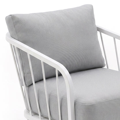 Close-up of a chair seat and back with white metal frame on a white background