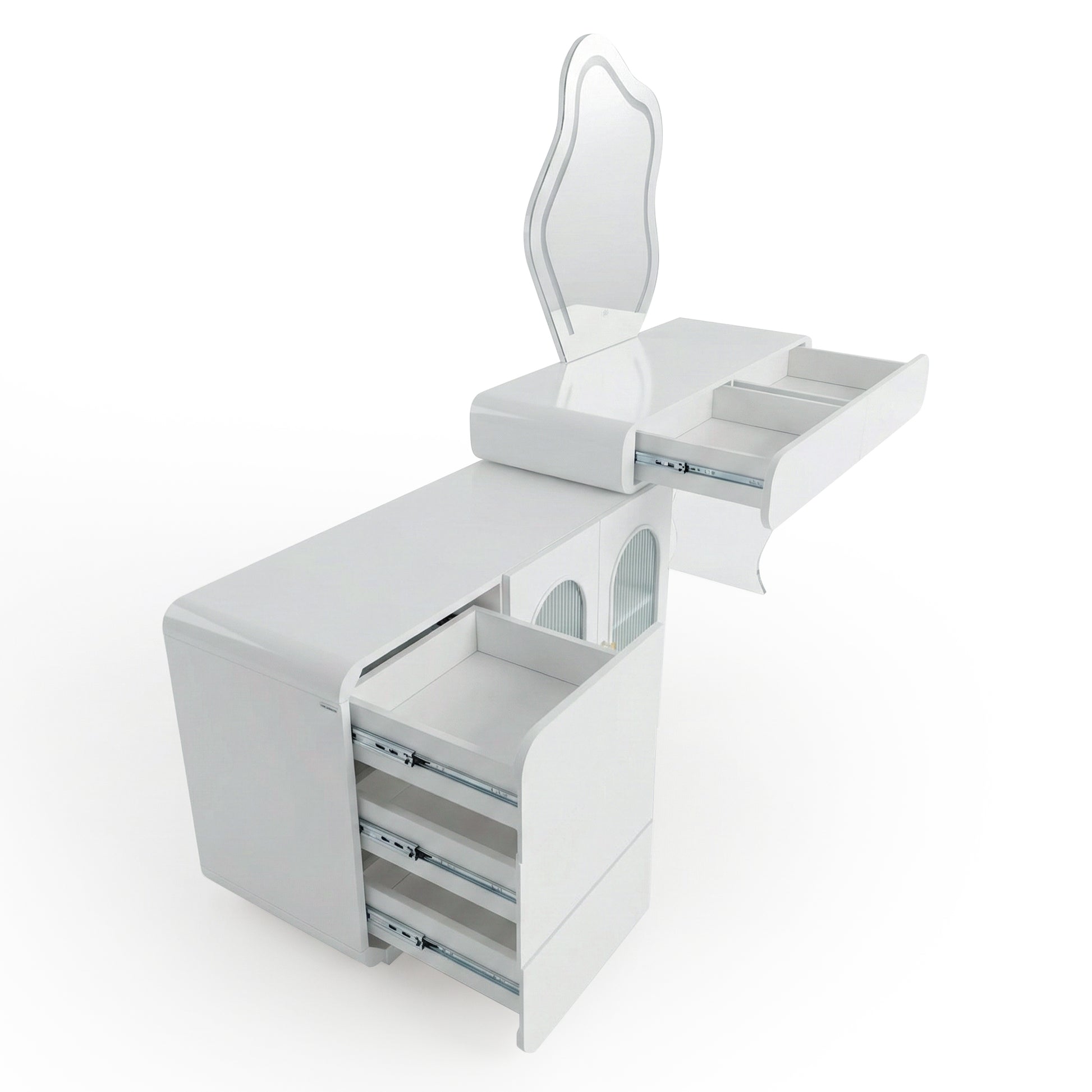 White vanity with multiple open drawers on white background