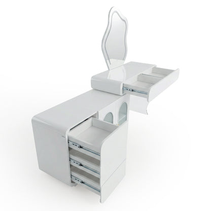 White vanity with multiple open drawers on white background