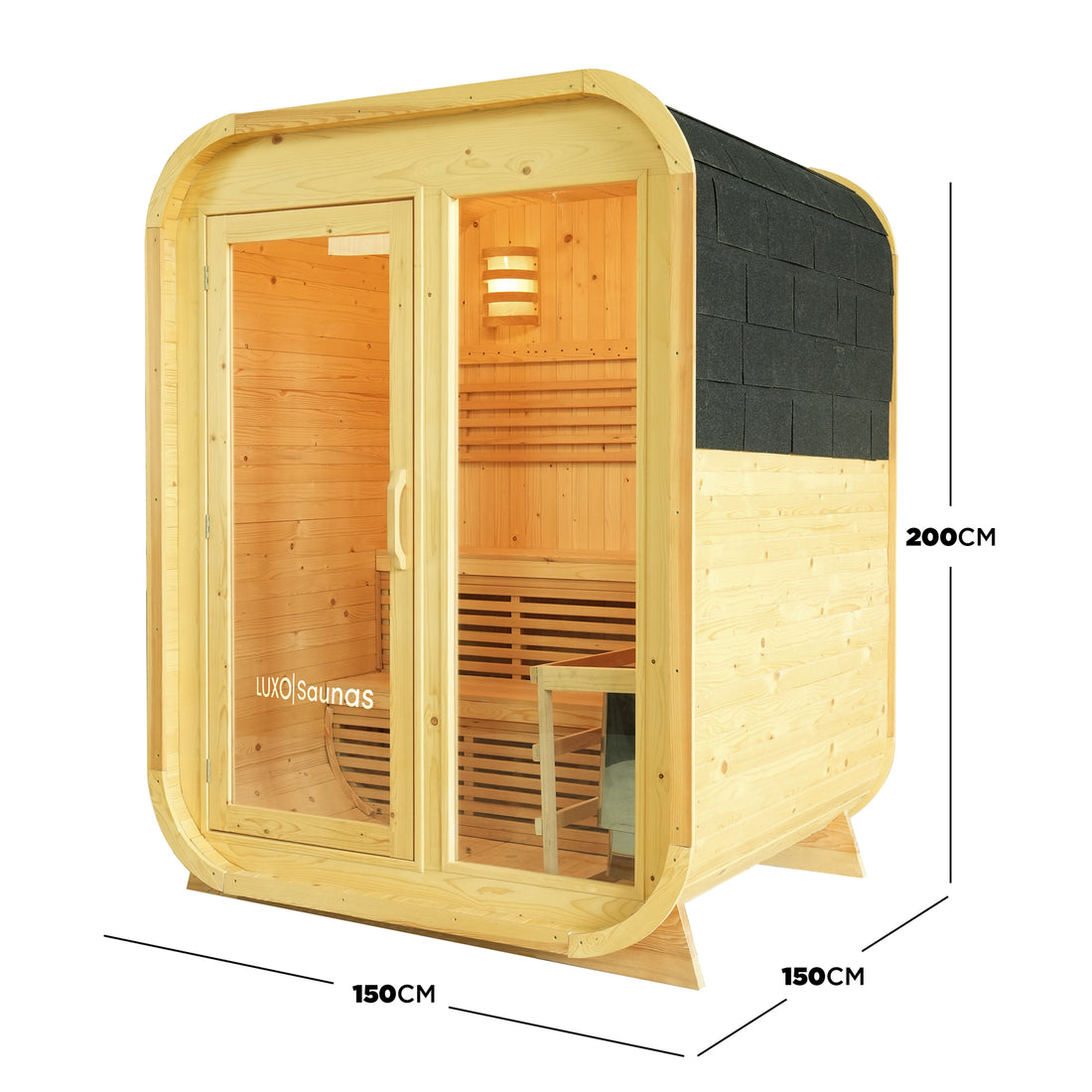 Waru 3 Person Traditional Finnish Outdoor Sauna in Natural, showcasing a compact wooden pod with a glass front, black-shingled roof, visible interior benches, and branded glass door, designed for backyard wellness.