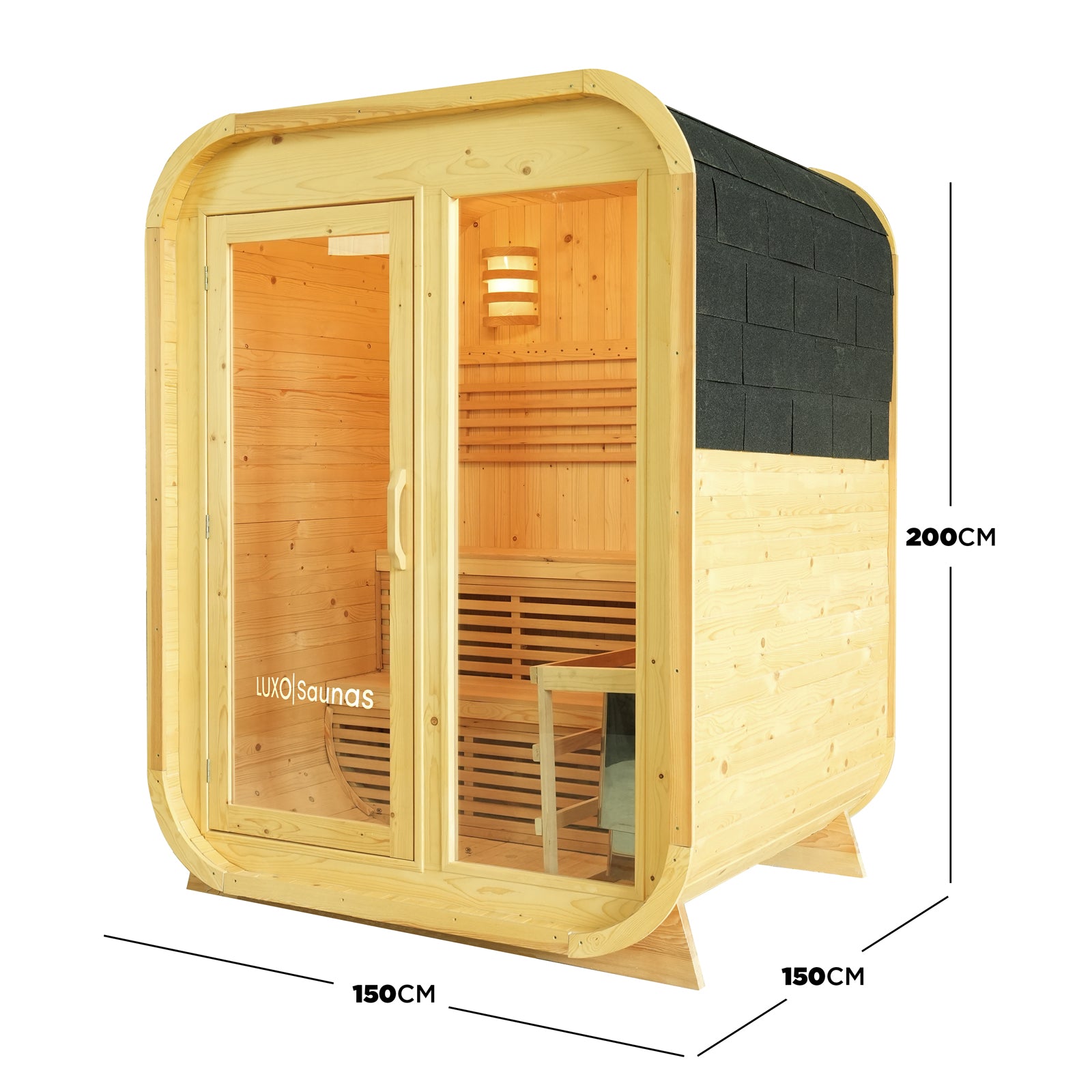 Waru 3 Person Traditional Finnish Outdoor Sauna in Natural, showcasing a compact wooden pod with a glass front, black-shingled roof, visible interior benches, and branded glass door, designed for backyard wellness.
