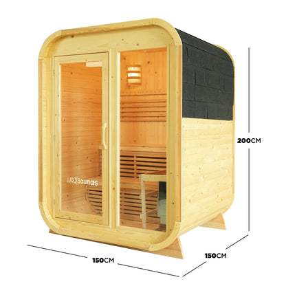 Waru 3 Person Traditional Finnish Outdoor Sauna in Natural, showcasing a compact wooden pod with a glass front, black-shingled roof, visible interior benches, and branded glass door, designed for backyard wellness.