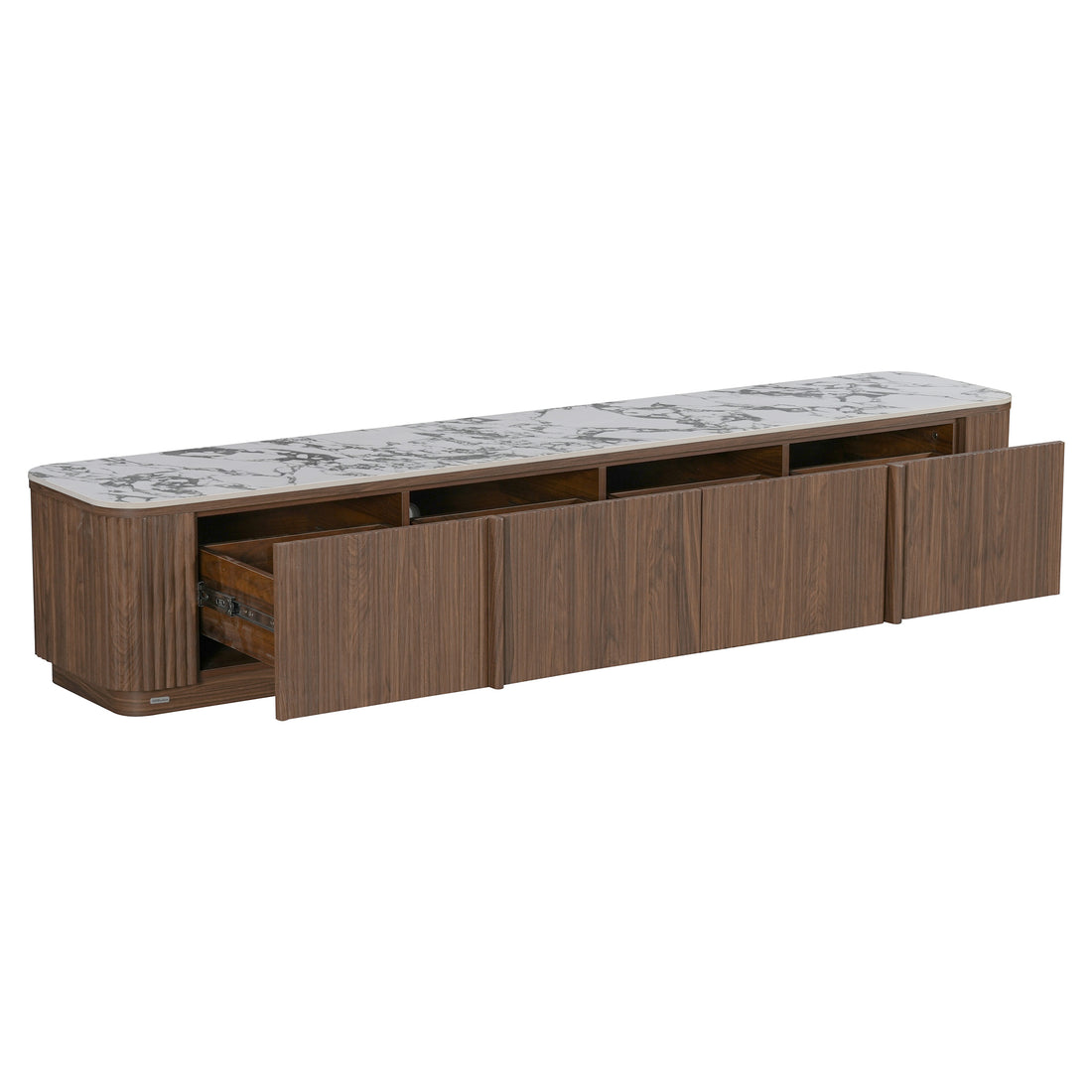 Wooden TV console with marble top and open storage compartments on white background