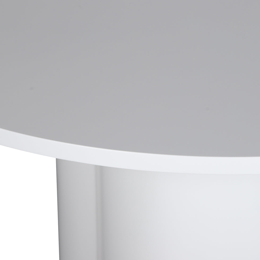Close-up of Cece 120cm Round Wooden Dining Table in White, featuring a smooth, cylindrical pedestal base and a round, flat tabletop with a fresh, modern design.
