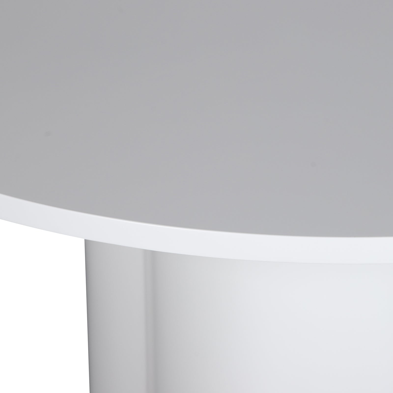 Close-up of Cece 120cm Round Wooden Dining Table in White, featuring a smooth, cylindrical pedestal base and a round, flat tabletop with a fresh, modern design.