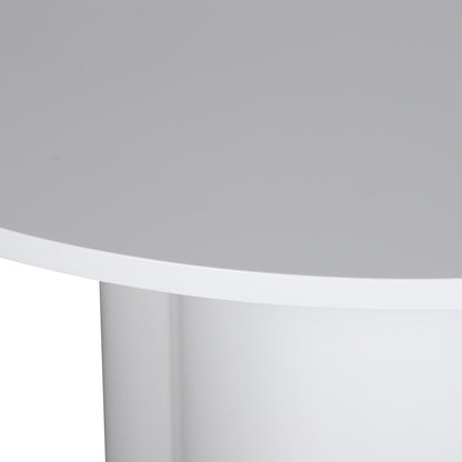 Close-up of Cece 120cm Round Wooden Dining Table in White, featuring a smooth, cylindrical pedestal base and a round, flat tabletop with a fresh, modern design.