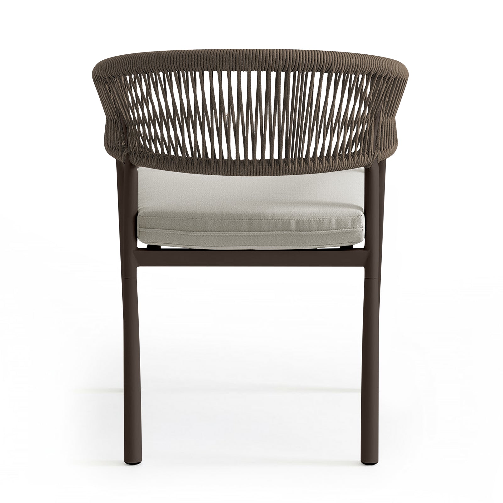 Coastal Outdoor Rope Dining Chairs Set of 2 in Brown, featuring a curved rope backrest, slim metal frame, and cushioned seat, ideal for stylish, comfortable indoor or outdoor settings.