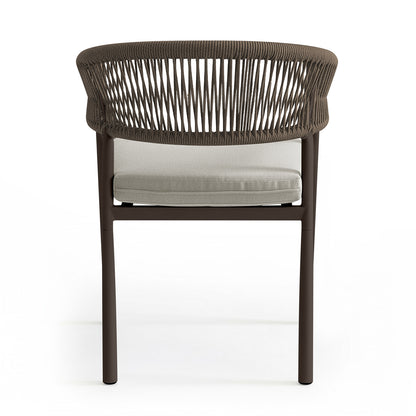 Coastal Outdoor Rope Dining Chairs Set of 2 in Brown, featuring a curved rope backrest, slim metal frame, and cushioned seat, ideal for stylish, comfortable indoor or outdoor settings.