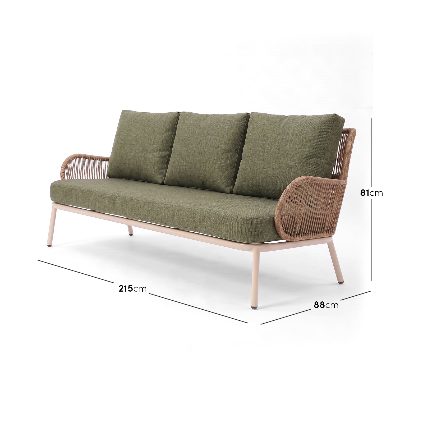 Three-seater sofa on white background with width, height, and depth measurements shown