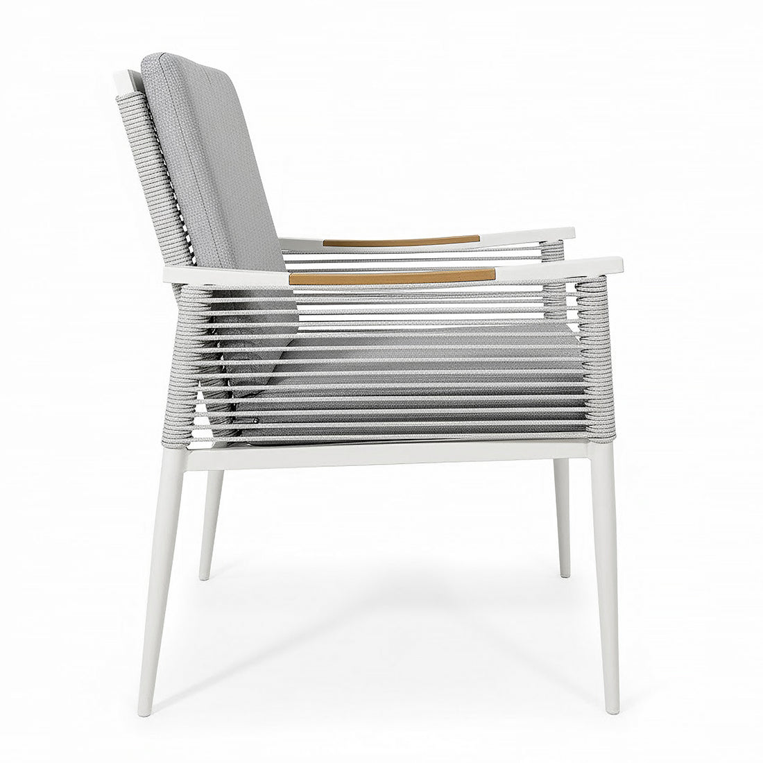 Casara 7 Piece Outdoor Dining Set in White & Grey features a minimalist armchair with a slender white metal frame, rope-wrapped seat, light gray cushions, and teak-accented armrests, perfect for stylish outdoor gatherings.