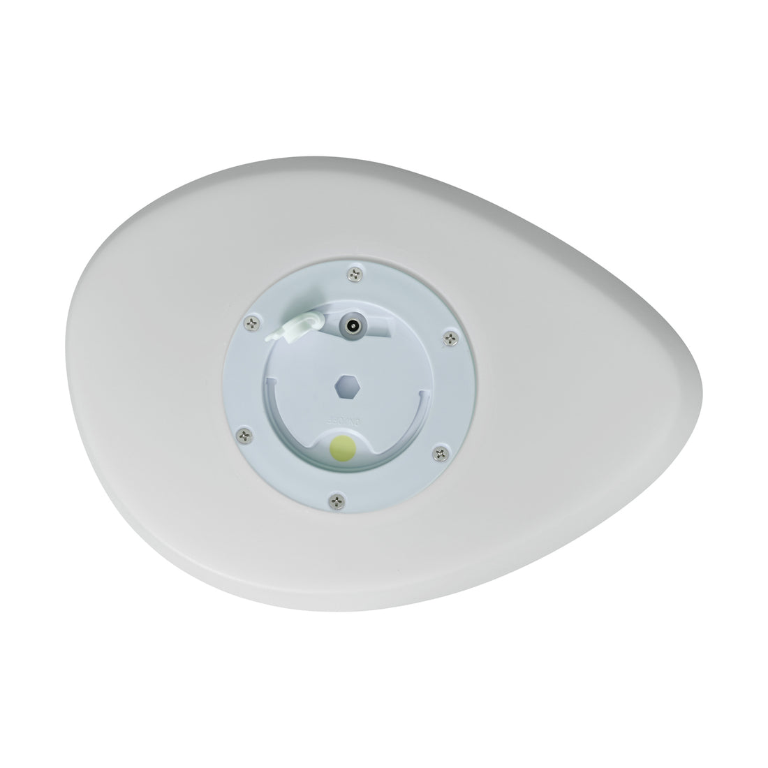 The underside of the Solar Charging Outdoor LED Rock Light, showing its asymmetrical droplet-shaped plastic housing, DC-barrel jack, on/off switch, hexagonal battery compartment, and yellow silicone gasket.