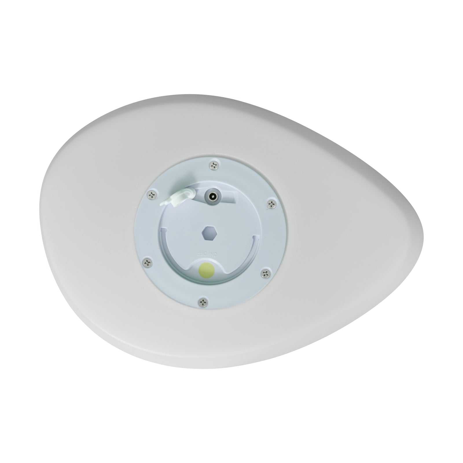 The underside of the Solar Charging Outdoor LED Rock Light, showing its asymmetrical droplet-shaped plastic housing, DC-barrel jack, on/off switch, hexagonal battery compartment, and yellow silicone gasket.