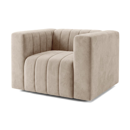 Beige upholstered armchair on a white background