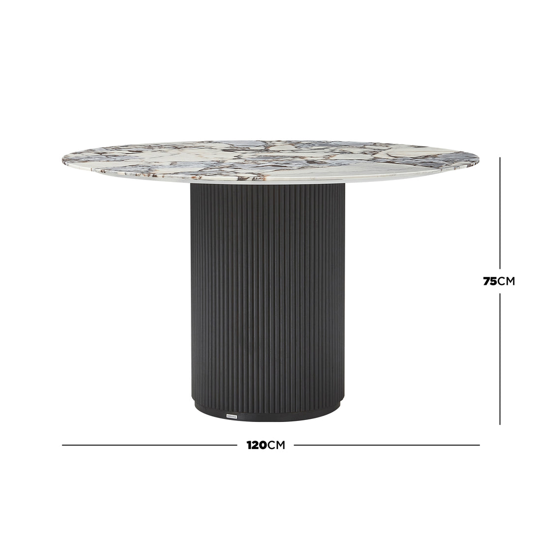 Gracie 120cm Round Marble Dining Table in Black featuring a white-and-brown marbled tabletop and a fluted matte black pedestal base, designed for elegance and stability in modern dining spaces.