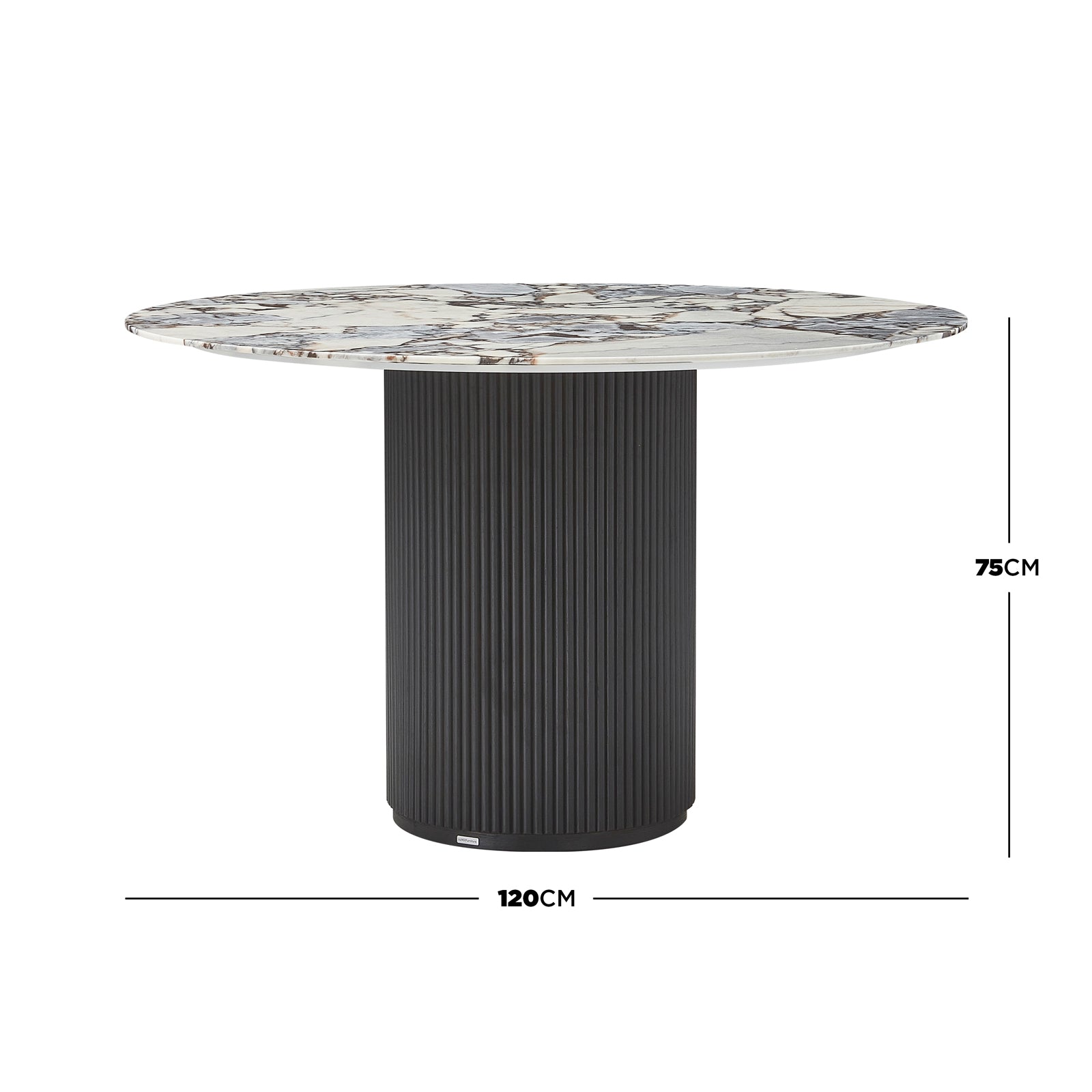 Gracie 120cm Round Marble Dining Table in Black featuring a white-and-brown marbled tabletop and a fluted matte black pedestal base, designed for elegance and stability in modern dining spaces.