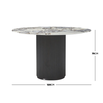 Gracie 120cm Round Marble Dining Table in Black featuring a white-and-brown marbled tabletop and a fluted matte black pedestal base, designed for elegance and stability in modern dining spaces.