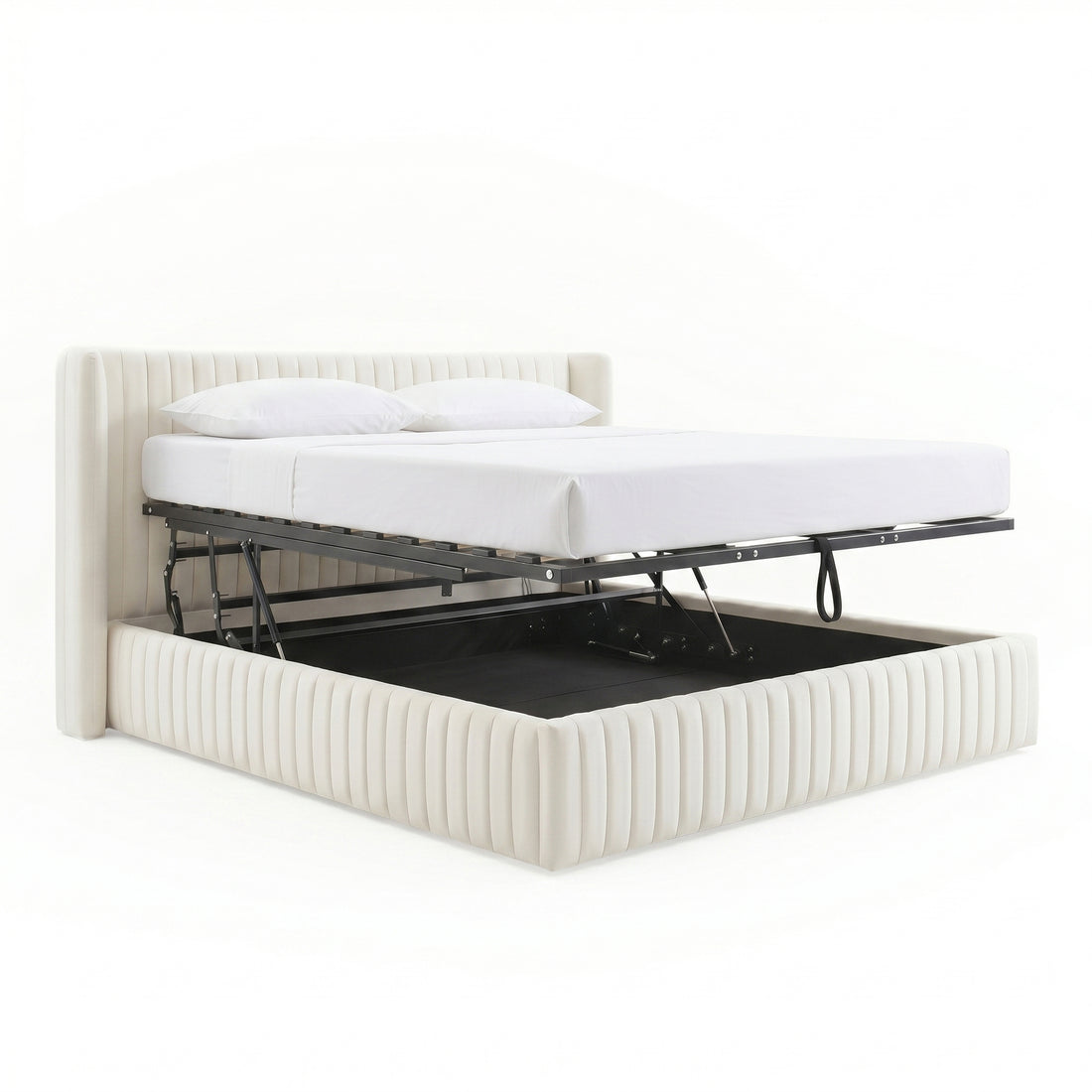 Cream upholstered storage bed with mattress platform raised on a white background