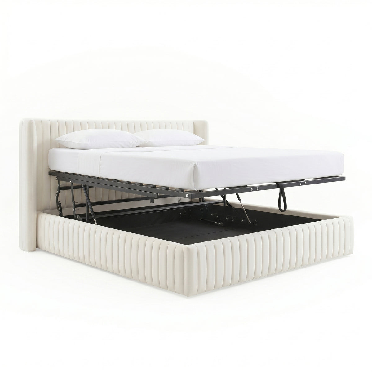Cream upholstered storage bed with mattress platform raised on a white background