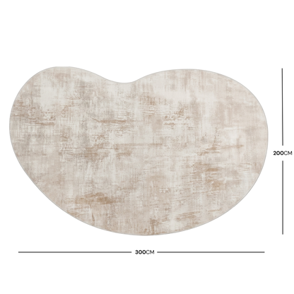 Full beige kidney-shaped rug on a white background with 300 cm by 200 cm dimensions labeled
