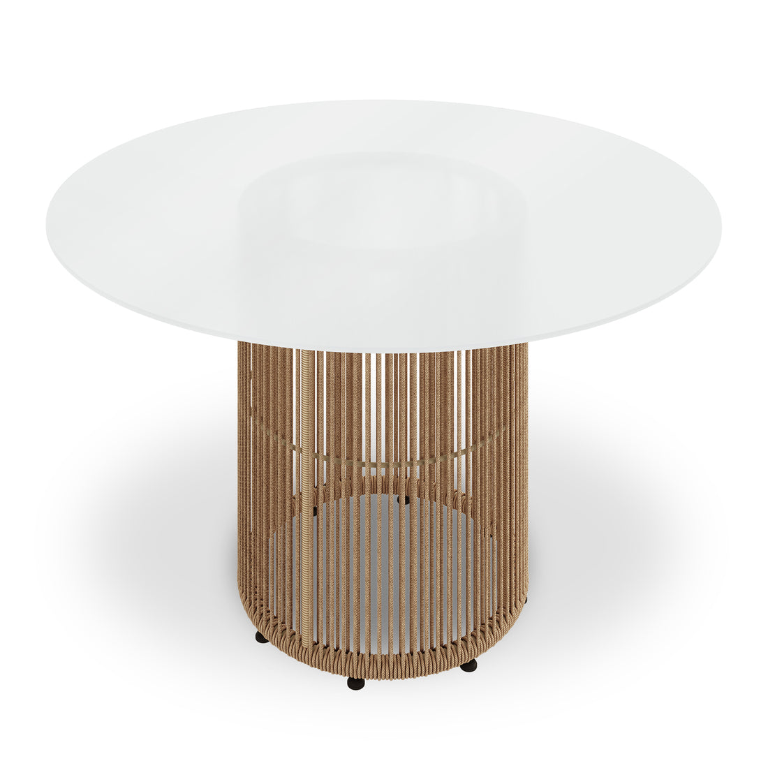 Vellora 4 Seater Wicker Outdoor Dining Set in Natural features a round-top table with a woven cylindrical base, smooth white tabletop, and sturdy metal feet, ideal for relaxed alfresco dining.