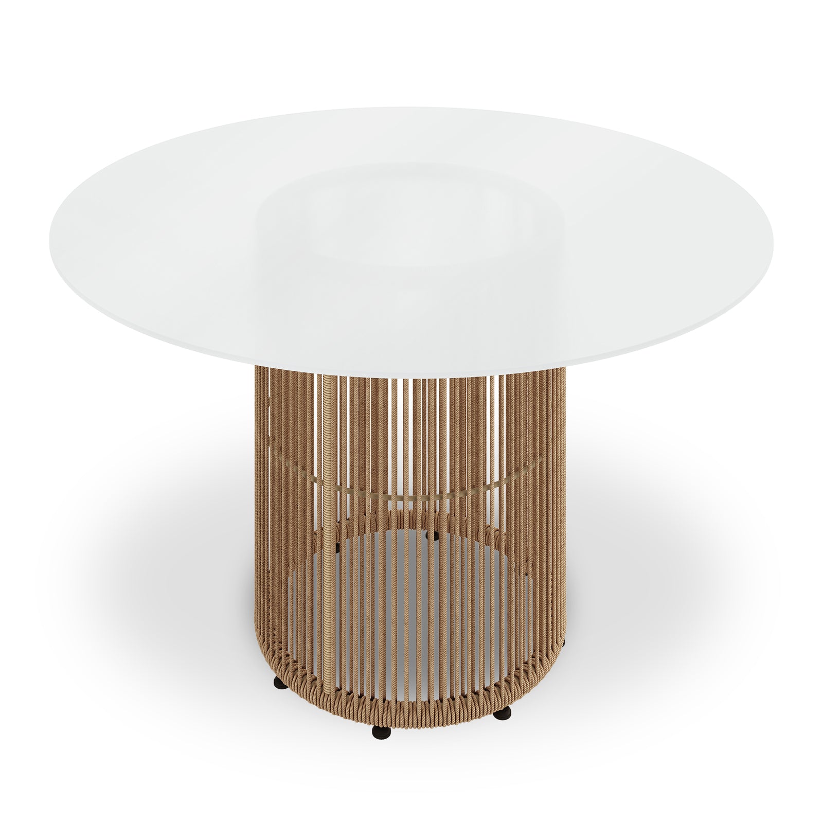 Vellora 4 Seater Wicker Outdoor Dining Set in Natural features a round-top table with a woven cylindrical base, smooth white tabletop, and sturdy metal feet, ideal for relaxed alfresco dining.