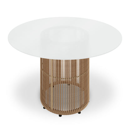 Vellora 4 Seater Wicker Outdoor Dining Set in Natural features a round-top table with a woven cylindrical base, smooth white tabletop, and sturdy metal feet, ideal for relaxed alfresco dining.