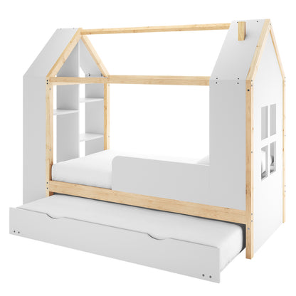 Halden Kids Cubby Bed Storage & Trundle features a house-like frame with wooden beams, white side panels, guardrails, a pull-out trundle drawer, and integrated shelving, creating a playful yet functional sleep space.