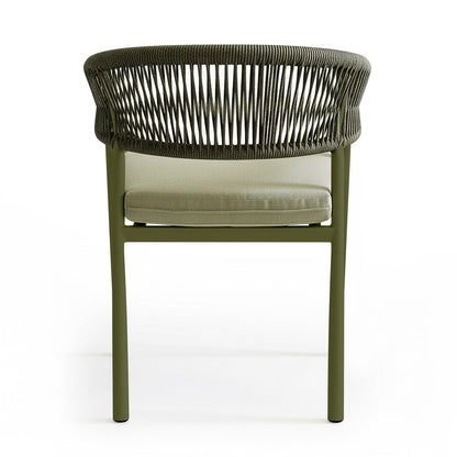 Coastal Outdoor Rope Dining Chairs Set of 2 in Green, showcasing a woven rope backrest, slim metal legs, and an upholstered seat cushion, exuding modern coastal elegance against a plain white background.