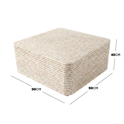 Square ottoman with dimension lines showing 90cm x 90cm x 45cm