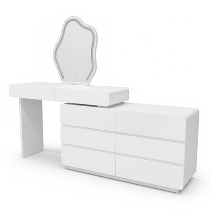 Eloura LED Mirror Dressing Table with Storage in White features a sleek, L-shaped desk with six drawers and a unique cloud-shaped LED mirror, perfect for modern, organized vanity setups.