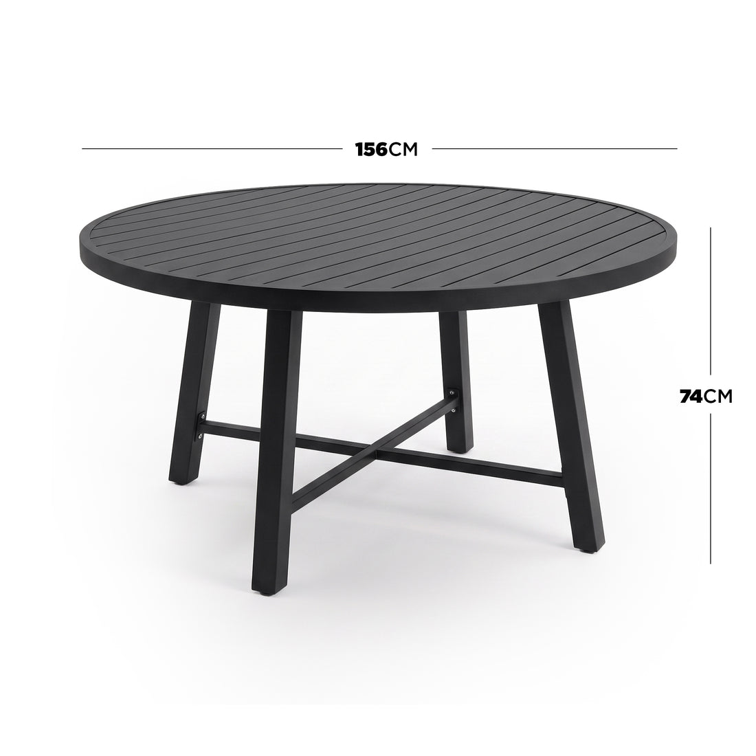 Round black table on white background with diameter and height dimensions shown