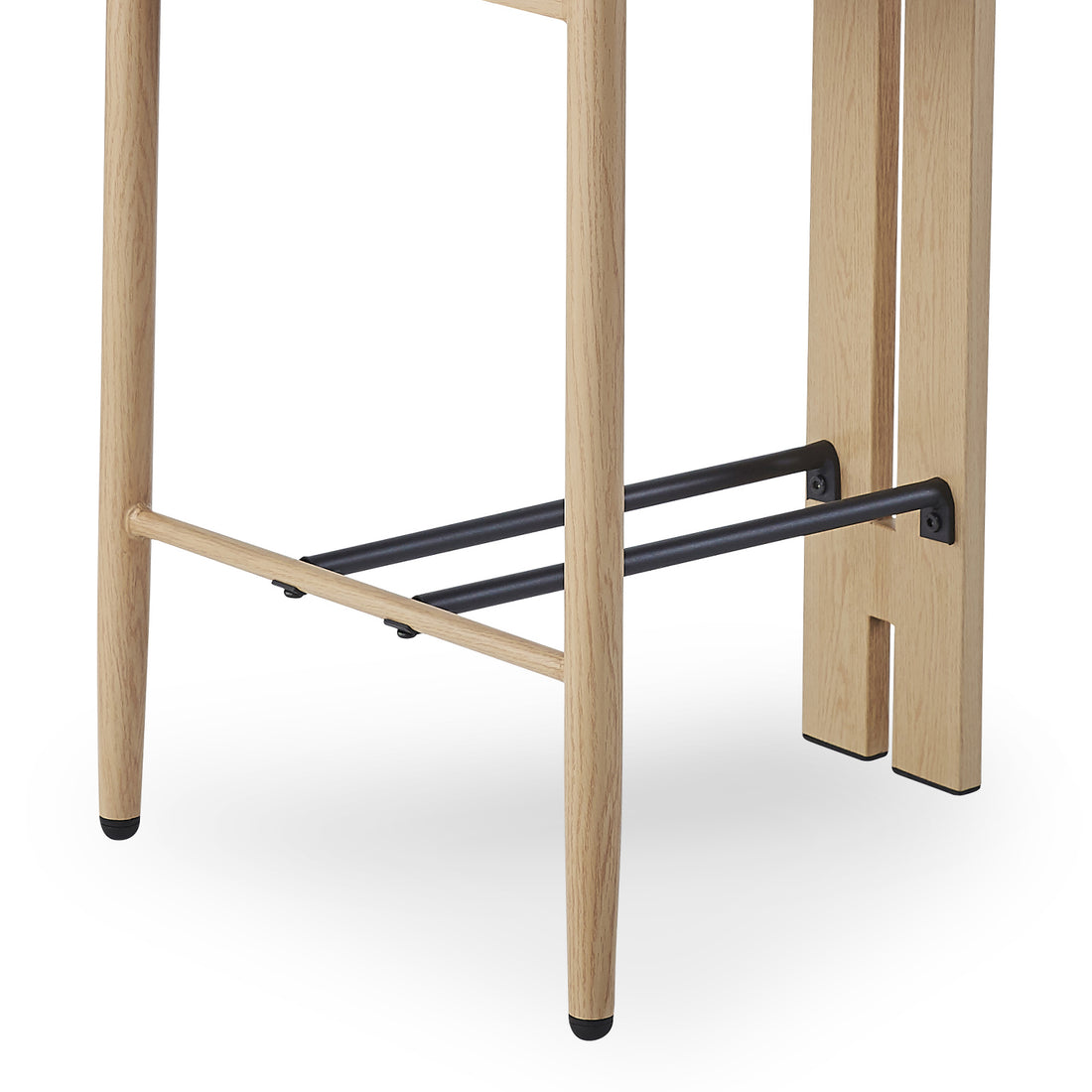 Haleo Curved Boucle Fabric Barstool Set of 2 features four tapered wood-look metal legs joined by a black metal footrest and wooden stretcher, offering modern style and stability.