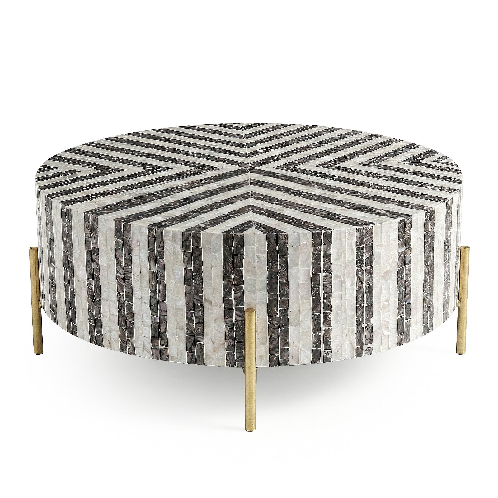 Round black and white striped coffee table with metal legs on white background