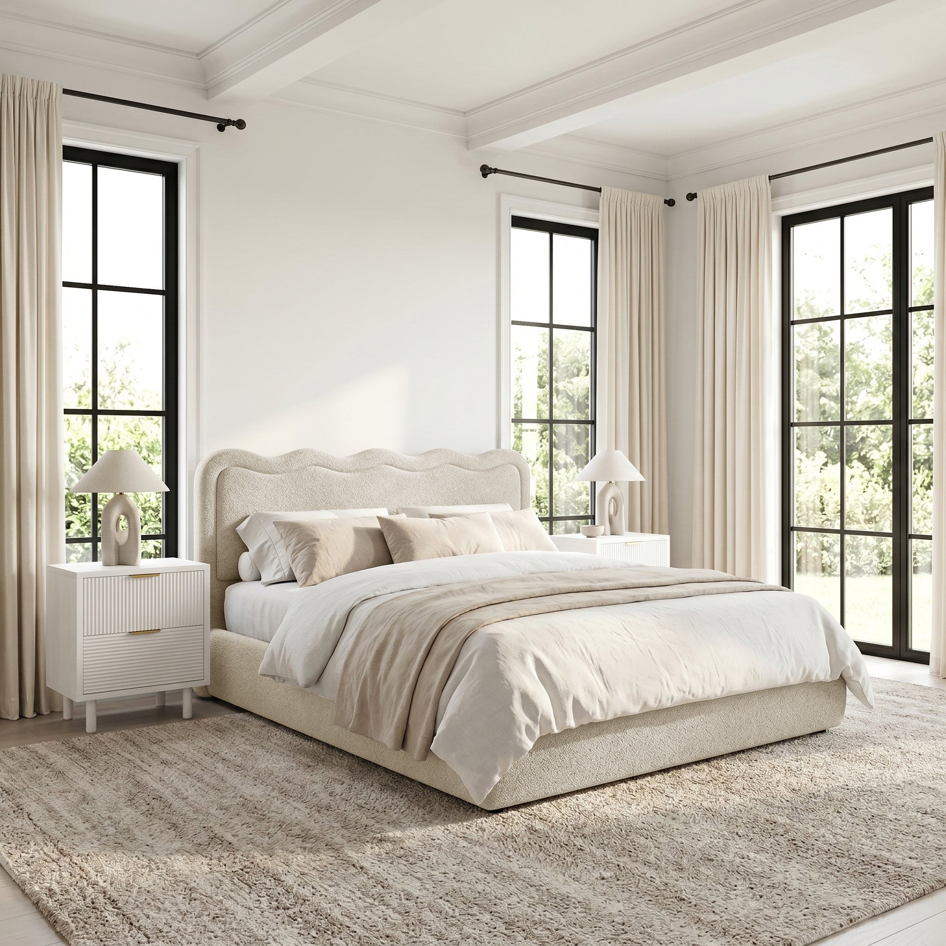 Upholstered bed in styled bedroom with neutral decor