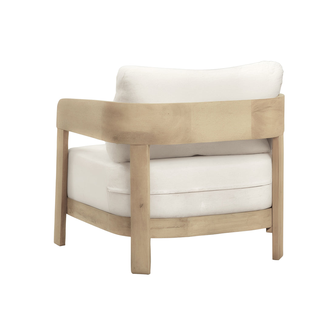 The image shows the Elani 5-Seater Acacia Hardwood Outdoor Sofa Set in Cream, featuring a barrel-style lounge chair with a light wooden frame and white cushions for relaxed alfresco lounging.