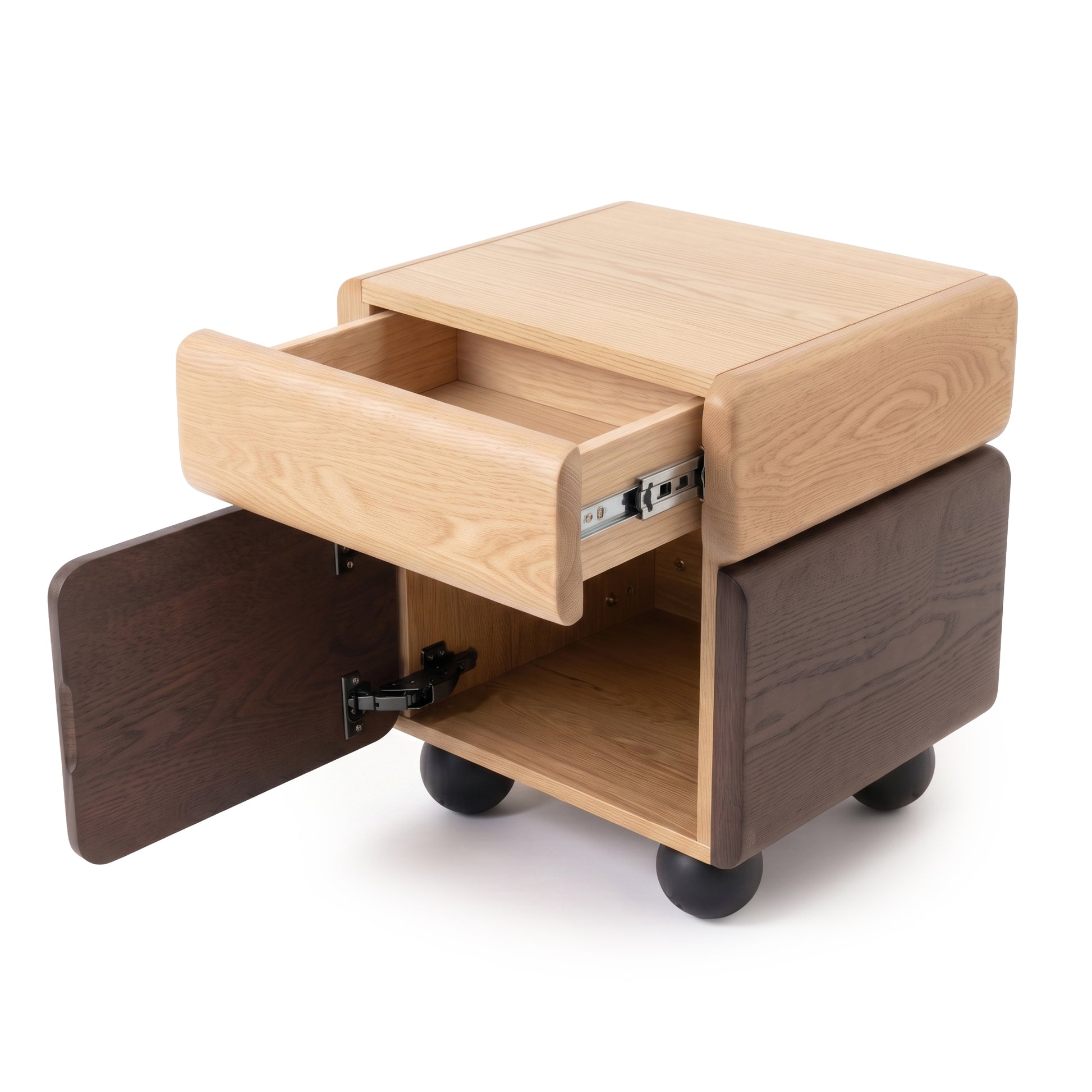 Two-tone wooden side table with open drawer and cabinet on a white background