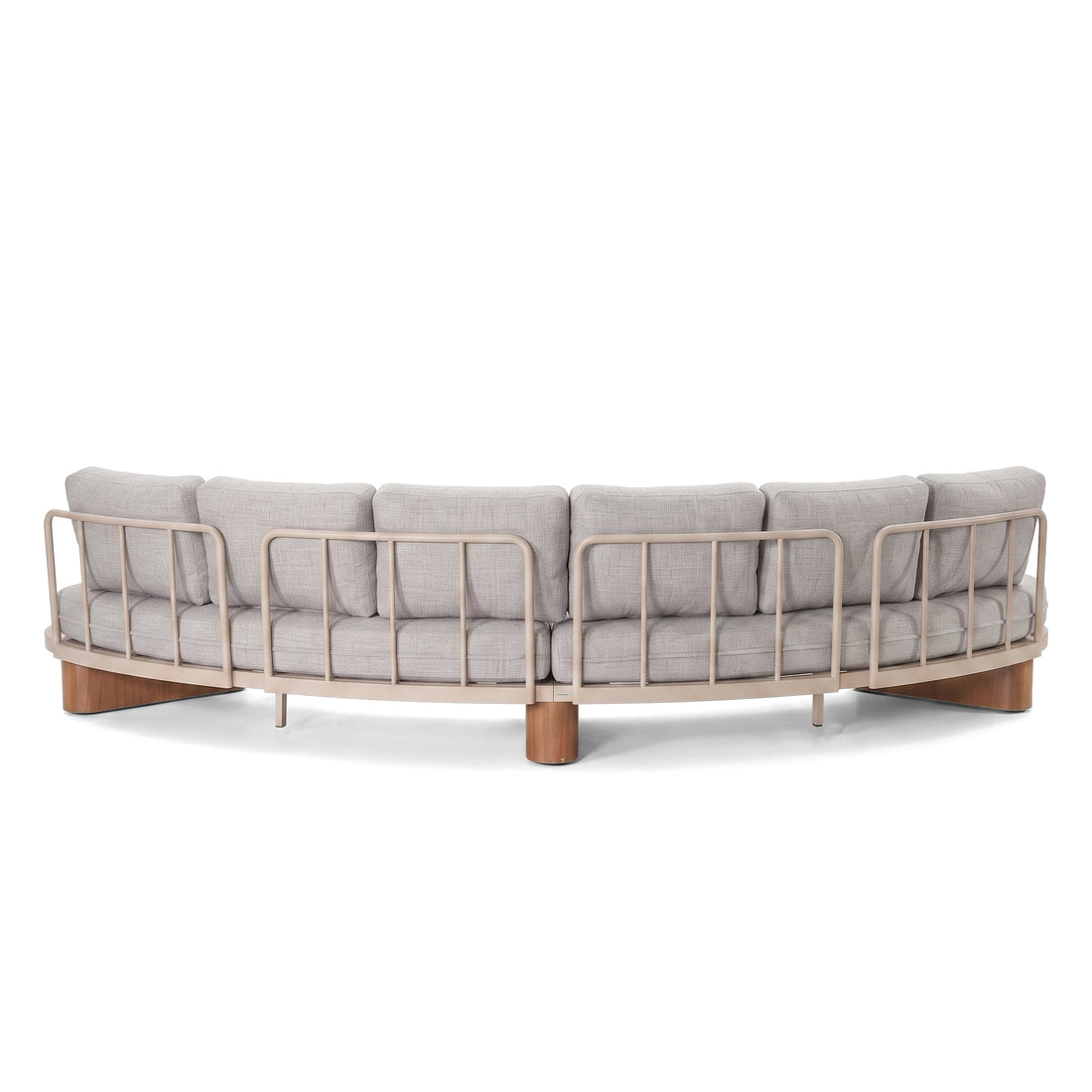 Rear view of a curved sectional sofa with wooden slat frame on a white background.